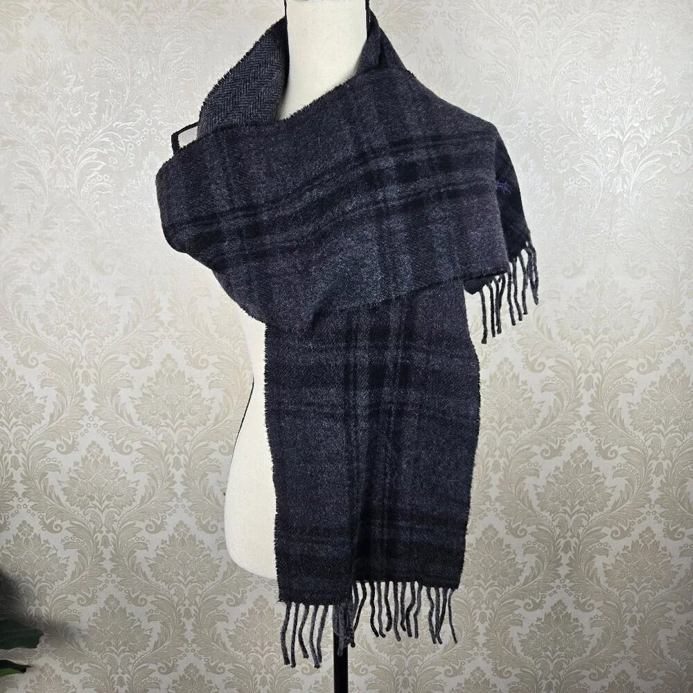 Polo Ralph Lauren Wool Blend Oblong Scarf Dark Gray Black Red Fringed Ends